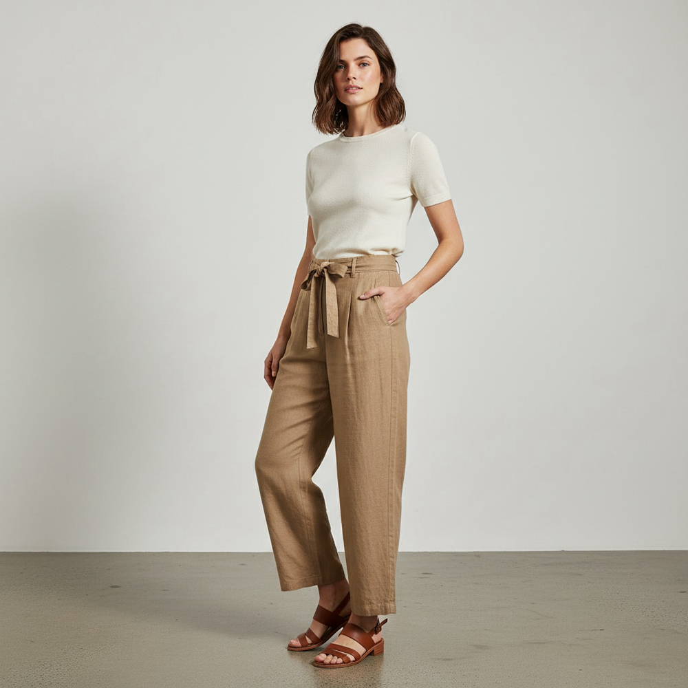Aritzia Wilfred With Linen Wide Leg Belted Trouser Pants Camel Tan Women’s Sz 8 - Picture 2 of 9